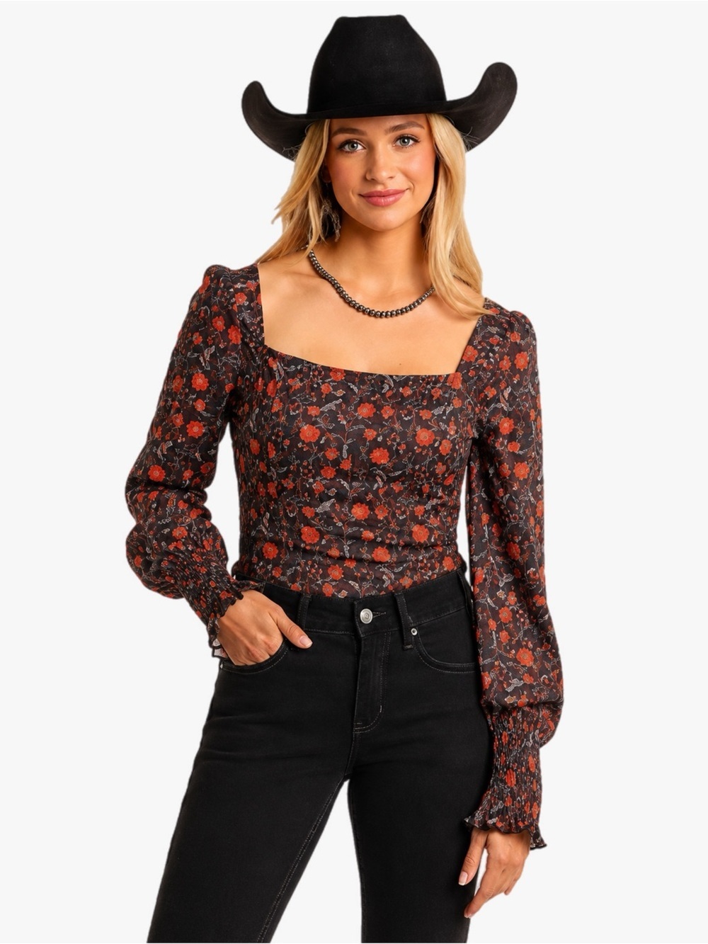 NWT Rock & Roll Denim Black Red Floral Square Neck Long Sleeve Crop Blouse XL